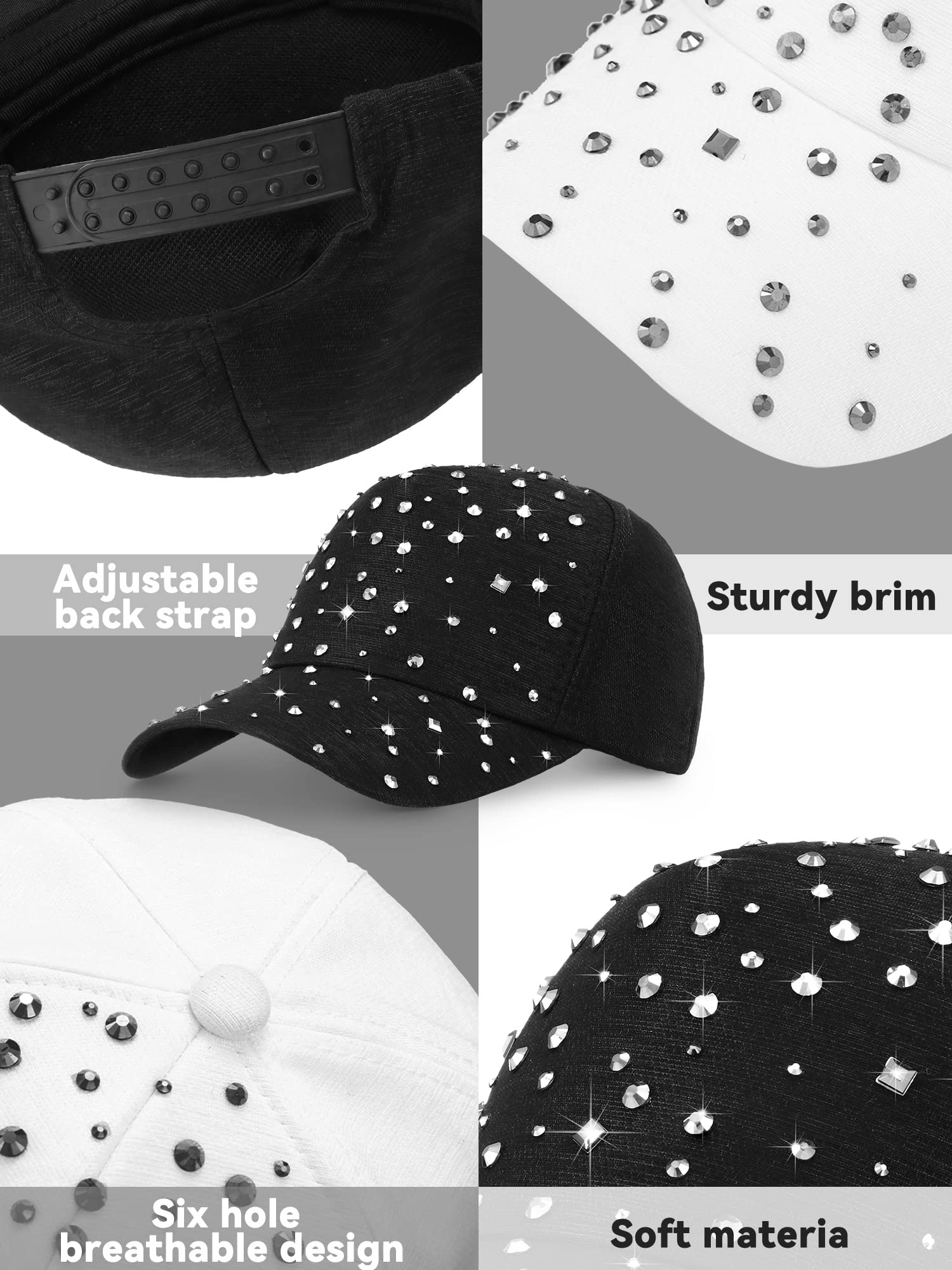 Loopeer 2 Pcs Adjustable Breathable Rhinestone Baseball Cap for Women Men Sequins Casual Sports Cap Rhinestone Hat(Black, White)