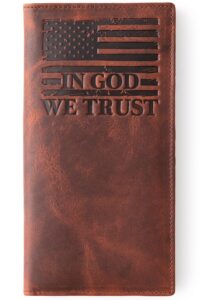 mid west range ‘the patriot’ american flag rodeo wallet for men. distressed leather ‘in god we trust’. gift cowboy wallet for the true patriot - western wallet for men.