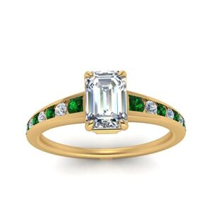 Jewelryonclick Graduated Channel Diamond Ring Yellow Gold Plated Created Emerald Emerald Shape Green Color Side Stone Engagement Rings Channel Setting in Size 9 Fashion Jewelry