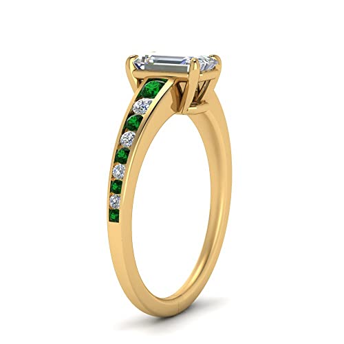 Jewelryonclick Graduated Channel Diamond Ring Yellow Gold Plated Created Emerald Emerald Shape Green Color Side Stone Engagement Rings Channel Setting in Size 9 Fashion Jewelry