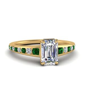 Jewelryonclick Graduated Channel Diamond Ring Yellow Gold Plated Created Emerald Emerald Shape Green Color Side Stone Engagement Rings Channel Setting in Size 9 Fashion Jewelry