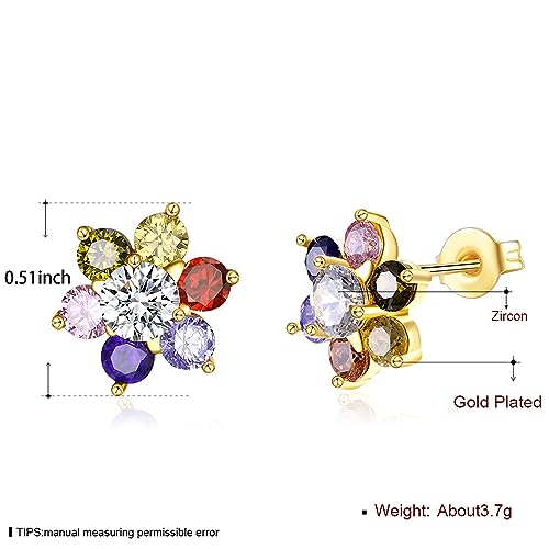 WSKFLY Colored Cubic Zirconia Stud Earrings for Women,14K Gold Plated Crystal Flower Exquisite Earring for Mother, Ladies