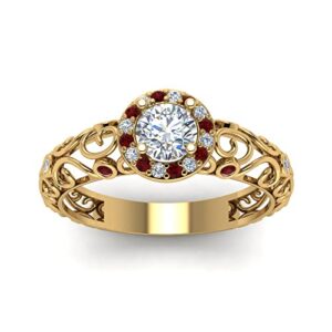 jewelryonclick dome filigree halo diamond ring yellow gold plated created ruby round shape red color vintage engagement rings bezel setting in size 11 handcraft chakra healing