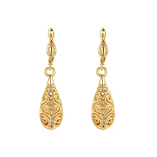 WSKFLY Gold Dangle Earrings for Women, 18K Gold Plated Waterdrop Cutout Drop Earrings (Gold)