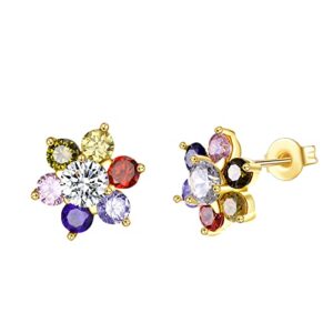 wskfly colored cubic zirconia stud earrings for women,14k gold plated crystal flower exquisite earring for mother, ladies