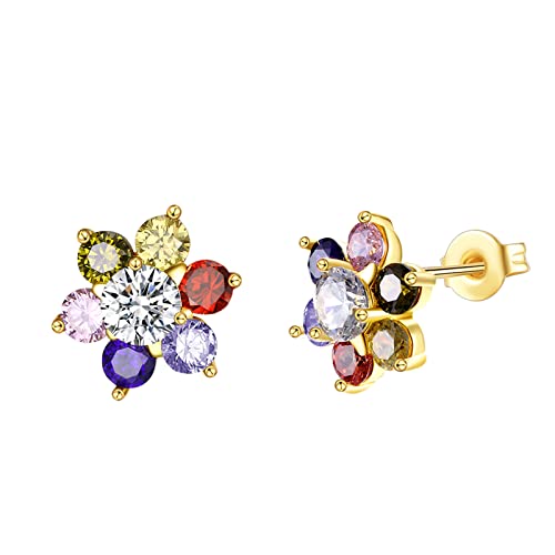 WSKFLY Colored Cubic Zirconia Stud Earrings for Women,14K Gold Plated Crystal Flower Exquisite Earring for Mother, Ladies