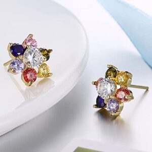 WSKFLY Colored Cubic Zirconia Stud Earrings for Women,14K Gold Plated Crystal Flower Exquisite Earring for Mother, Ladies