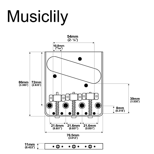 Musiclily Pro 54mm Vintage Telecaster Bridge with Barrel Brass 3-Saddle for Squier and Import Tele Style Electric Guitar, Black