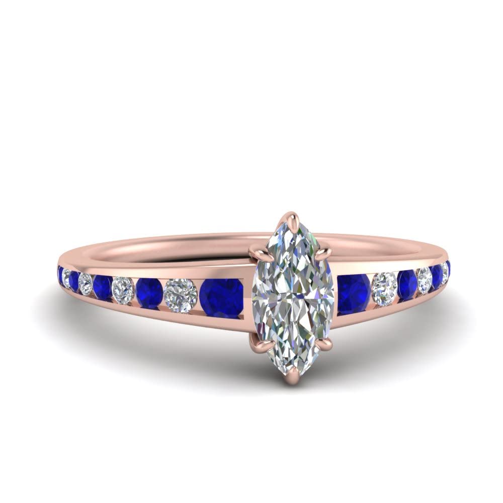 Jewelryonclick Graduated Channel Diamond Ring rose gold plated Created Blue Sapphire Marquise shape Blue color Side Stone Engagement Rings channel Setting in Size 6 Fashion Jewelry