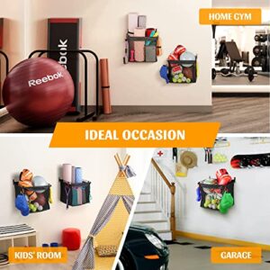 PLKOW Wall Mount Sports Ball Storage Rack 2 Pack, Ball Holder Home Gym Storage for Balls, Yoga Mat, Foam Roller, Toys, Heavy Duty Steel Frame with Oxford Cloth and Hooks, 2 Packs