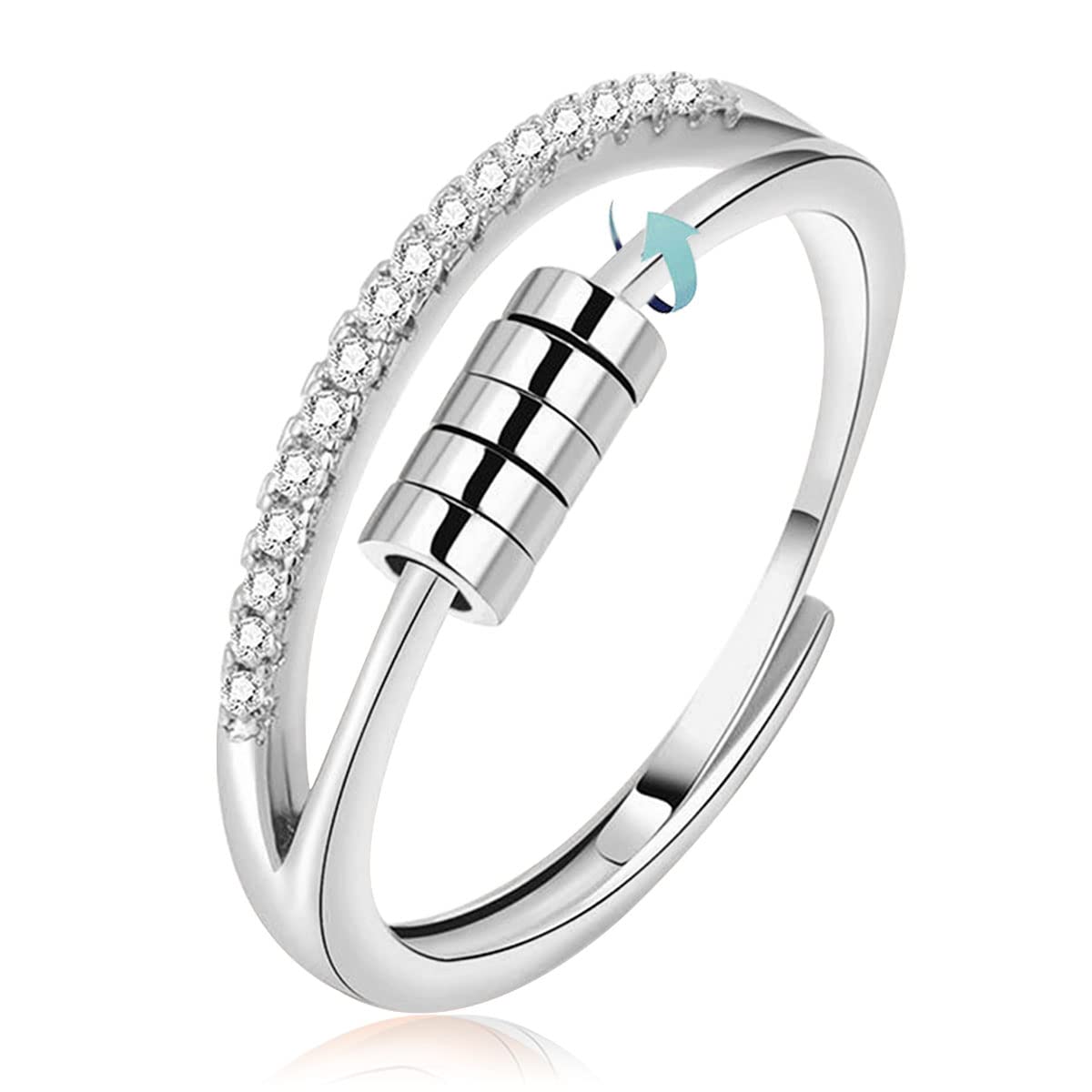 Vito Sterling Silver Fidget Anxiety Ring, Unisex Adjustable Open Band Ring With Rotatable Beads, 2 Layers Expandable Spinner Ring Jewelry Gift