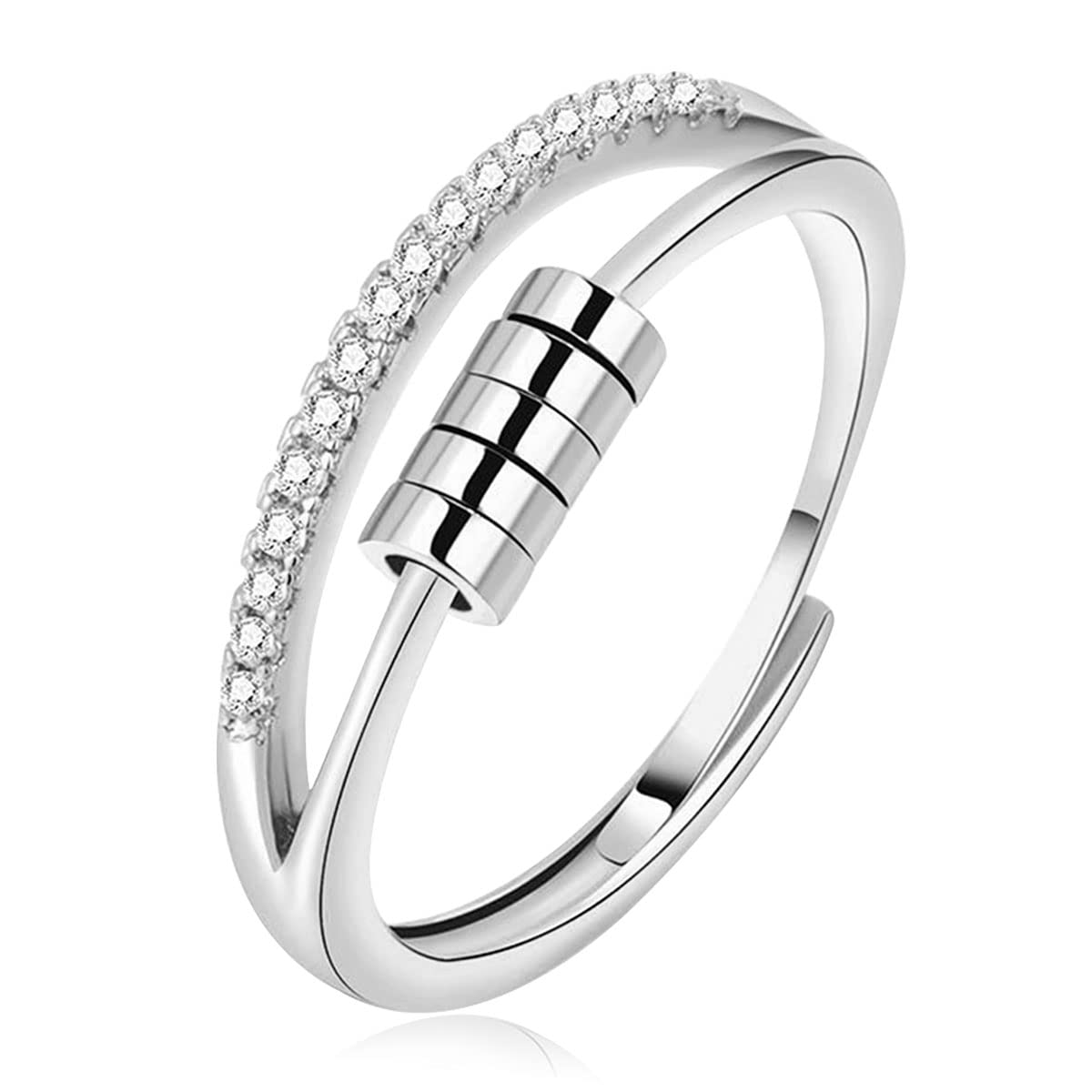 Vito Sterling Silver Fidget Anxiety Ring, Unisex Adjustable Open Band Ring With Rotatable Beads, 2 Layers Expandable Spinner Ring Jewelry Gift