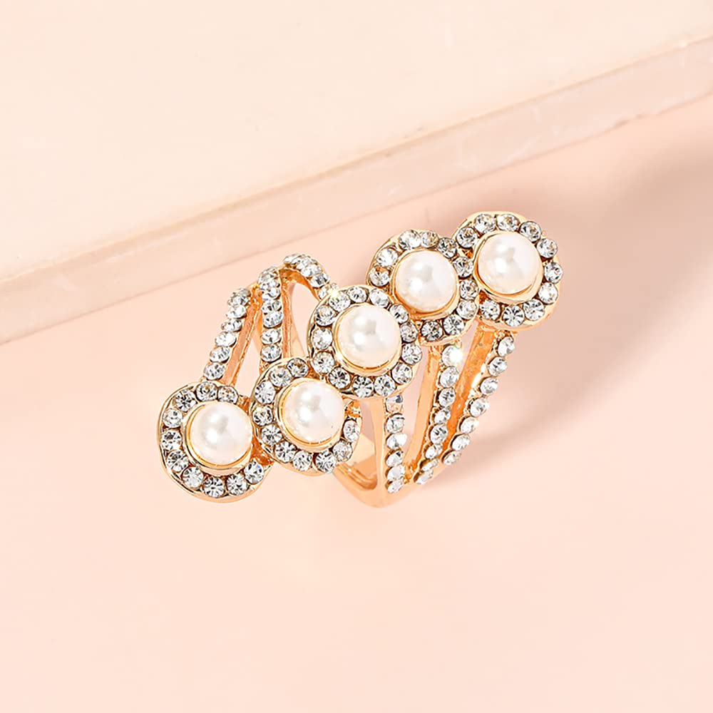 Boho Layered CZ Pearl Statement Ring for Women Cubic Zirconia Imitation Pearls Golden Finger Rings Comfort Fit Dainty Birthday Wedding Anniversary Mother's Day Jewelry Gift Size 8