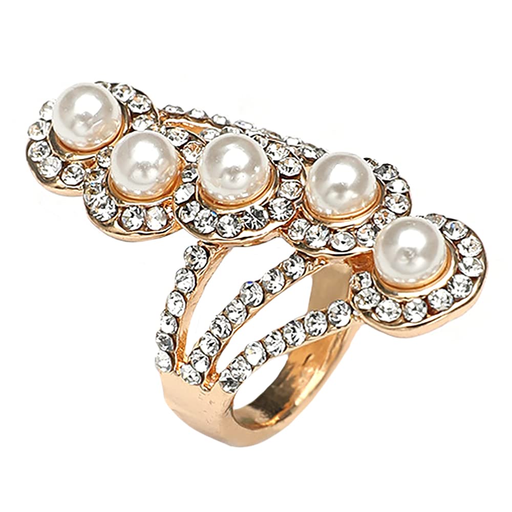 Boho Layered CZ Pearl Statement Ring for Women Cubic Zirconia Imitation Pearls Golden Finger Rings Comfort Fit Dainty Birthday Wedding Anniversary Mother's Day Jewelry Gift Size 8