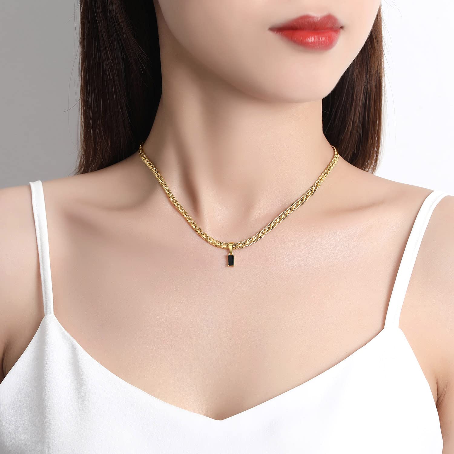 GOGOEY 18K Gold Filled Vintage Choker Necklaces for Women Waterproof Gold Choker Necklace Anti Tarnish Gemstone Zircon Rectangle Pendant Necklace (C-Black)