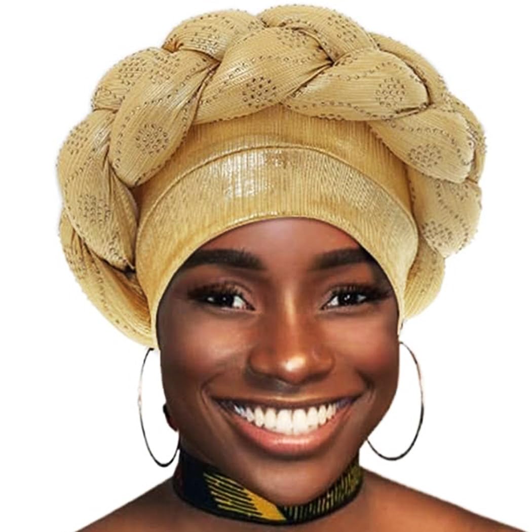 Woeoe Women African Turban Gold Braid Beanie Cap Headwear Pre-Tied Rhinestone Twisted Head Turbans