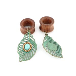 Balala 9/16 inch 14mm Antique Patina Brass Leaf Dangle Wood Ear Gauges Flesh Tunnels Piercing Plugs, Oval Turquoise Center