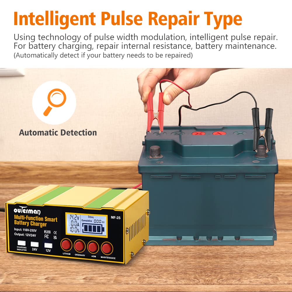 Outerman Car Battery Charger,12V/12A 24V/7.5A Lithium Battery Charger,Upgraded Auto Smart Trickle Maintainer with LCD Screen 4 Charging Mode for AGM Lead-Acid Battery Car Boat Motorcycle&More
