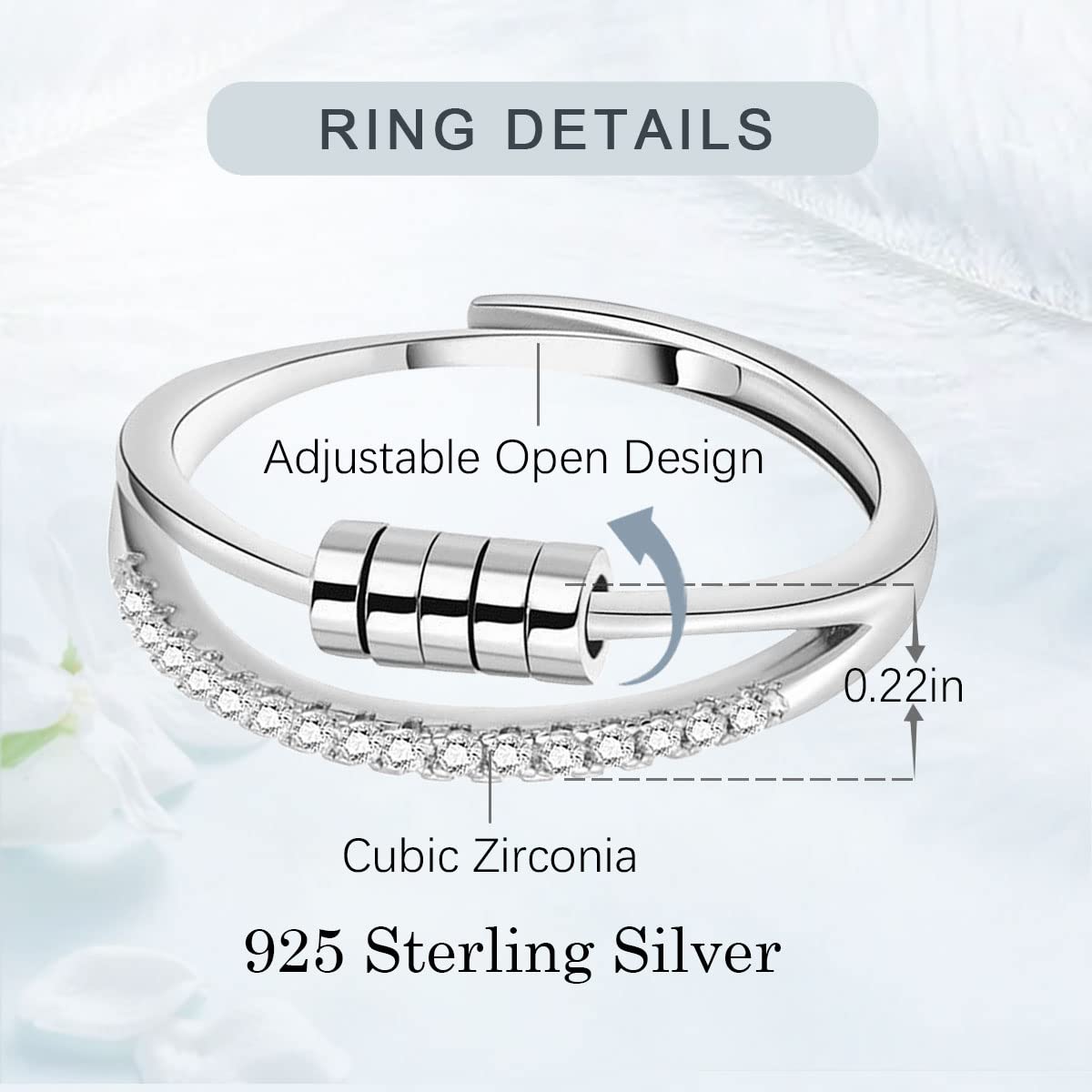 Vito Sterling Silver Fidget Anxiety Ring, Unisex Adjustable Open Band Ring With Rotatable Beads, 2 Layers Expandable Spinner Ring Jewelry Gift