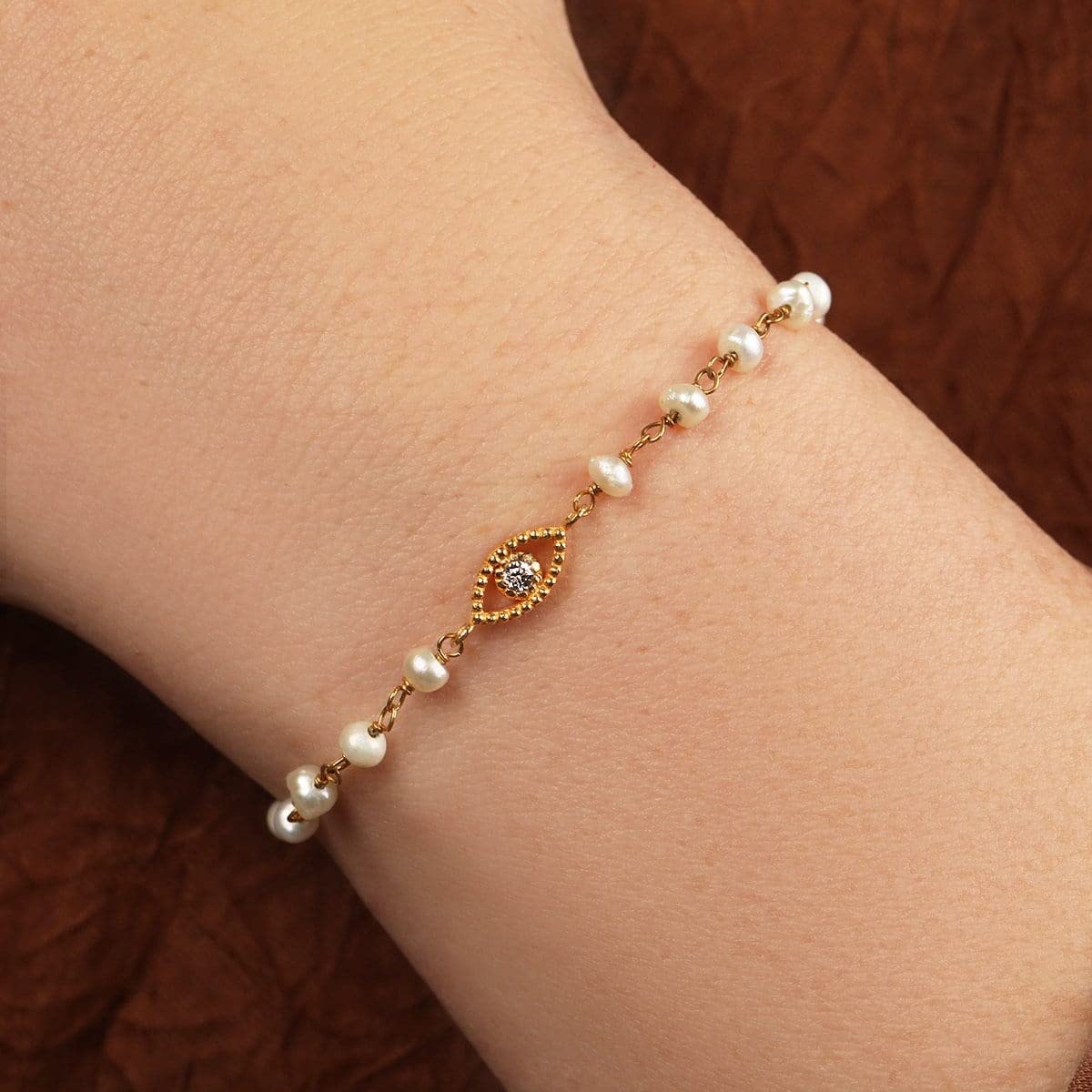 KARMA AND LUCK - Dreamlike Protection - Women's Real Pearl Stone 18K Gold Plated Brass Evil Eye Deflect Negativity Charm Adjustable Bracelet Handmade with Love in India