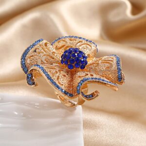 Vintage CZ Camellia Flower Promise Ring for Women Girls Gold Plated Blue Cubic Zirconia Cluster Wave Leaf Statement Band Rings Expandable Adjustable Comfort Fit Elegant Wedding Party Jewelry Gift