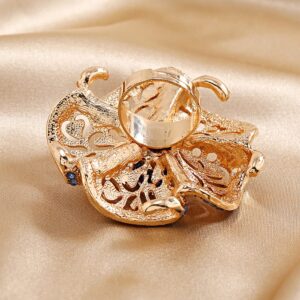 Vintage CZ Camellia Flower Promise Ring for Women Girls Gold Plated Blue Cubic Zirconia Cluster Wave Leaf Statement Band Rings Expandable Adjustable Comfort Fit Elegant Wedding Party Jewelry Gift