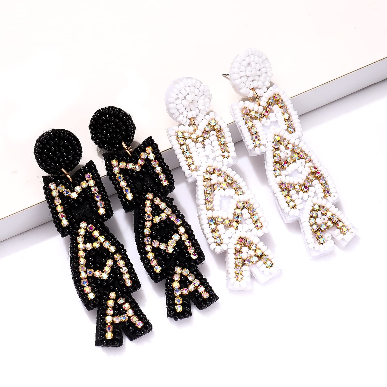 2 Pairs Mama Earrings for Women Handmade Beaded MAMA Dangle Earrings Rhinestone Mother’s Day Earrings Birthday Holiday Jewelry Gift (White+Black)