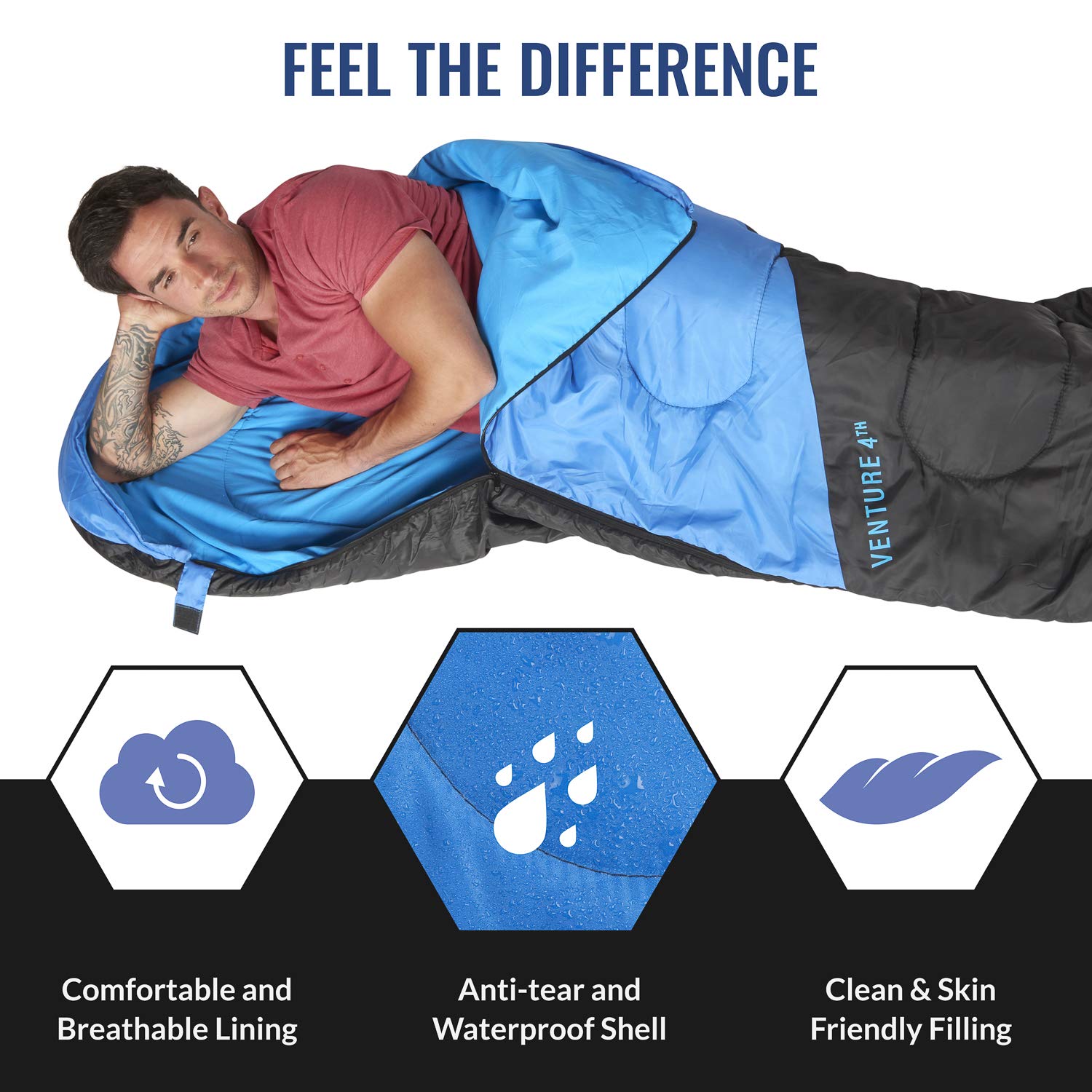 VENTURE 4TH Backpacking Warm Sleeping Bag with Self Inflating Sleeping Pad for Adults & Kids – Ideal for Hiking, Camping & Outdoor Adventures