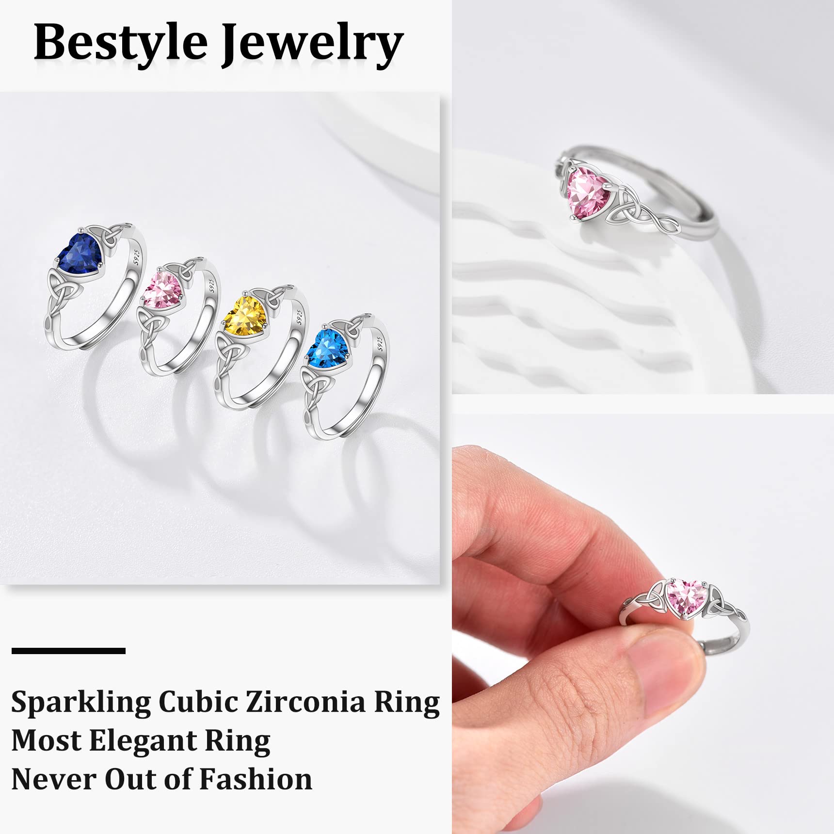 Bestyle Infinity Love Celtic Knot Rings for Women October Pink Tourmaline Gemstone Celtic Knot Rings with Sparkling Cubic Zirconia, Brilliant Love Heart Diamond Halo Rings