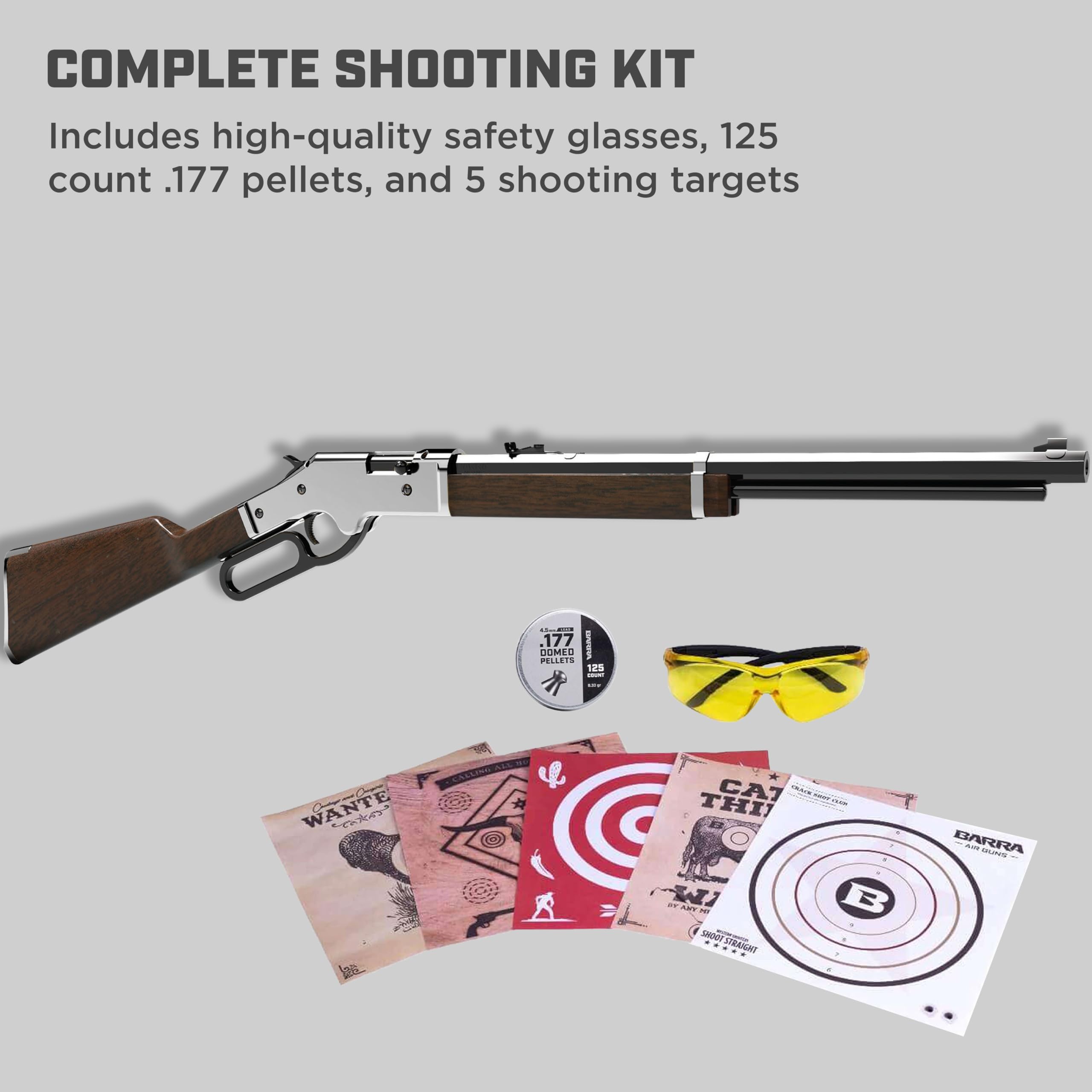 Barra Air Guns 1866 Cowboy Series Lever Action Air Rifle, Shoots .177 Caliber Pellets and BBS, 600-800 FPS, Pellet Guns for Adults and Kids (Silver Kit Pump Powered)