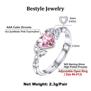 Bestyle Infinity Love Celtic Knot Rings for Women October Pink Tourmaline Gemstone Celtic Knot Rings with Sparkling Cubic Zirconia, Brilliant Love Heart Diamond Halo Rings