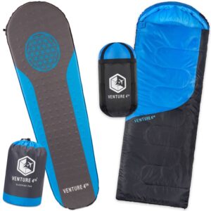 VENTURE 4TH Backpacking Warm Sleeping Bag with Self Inflating Sleeping Pad for Adults & Kids – Ideal for Hiking, Camping & Outdoor Adventures