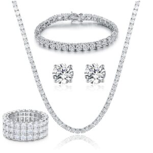 Gemsme 18K White Gold Plated Tennis Necklace/Bracelet/Earrings/3 Row Ring Sets Pack of 4 (7)