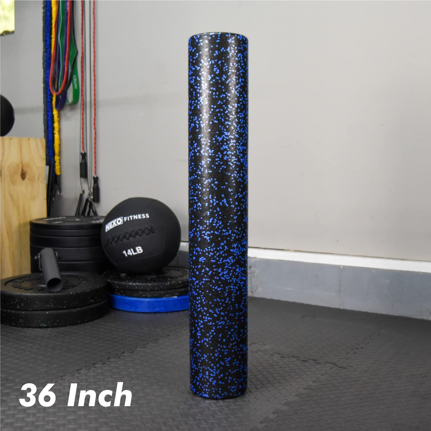 NEXO Fitness High-Density Round Foam Roller for Muscle Soreness Recovery, Exercise, Massage - 18", 24", 36" Blue Fleck (36 Inch)