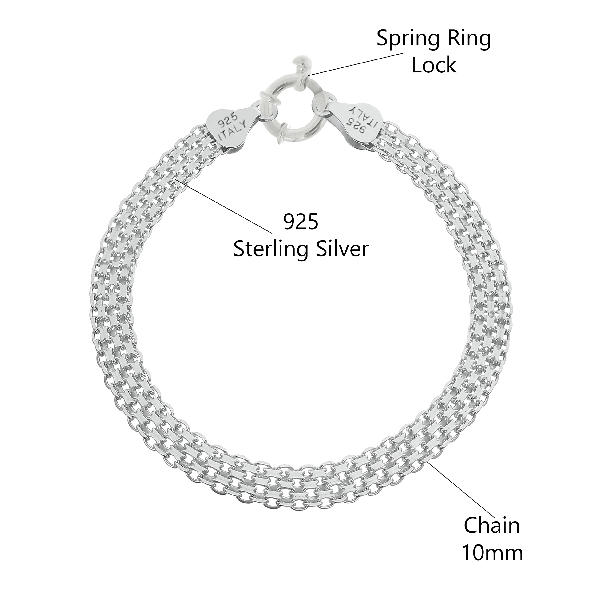 Savlano 925 Sterling Silver Italian 10mm Bismark Diamond Cut Mesh Link Chain Bracelet With Gift Box For Women- Made in Italy (7.5, 10mm)