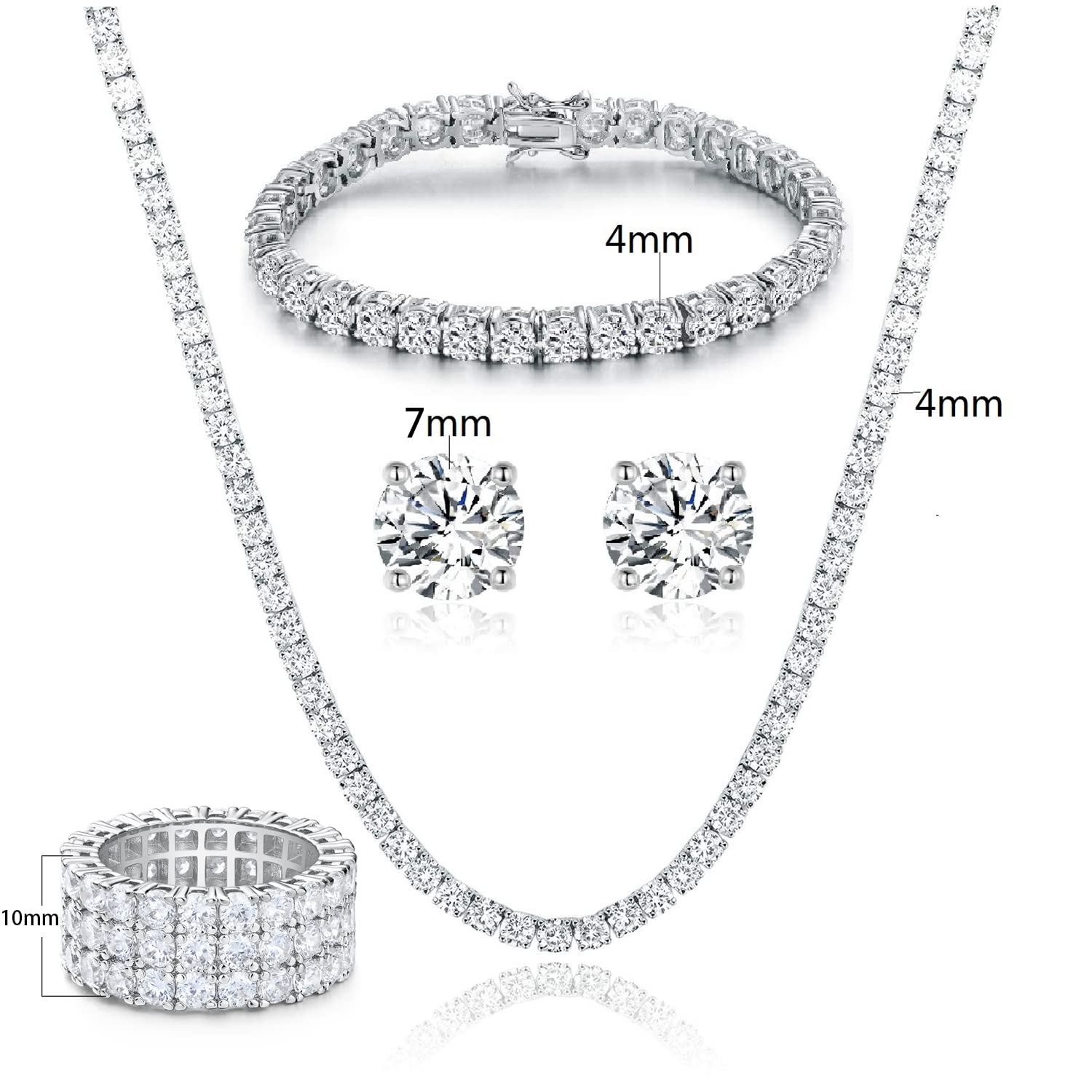 Gemsme 18K White Gold Plated Tennis Necklace/Bracelet/Earrings/3 Row Ring Sets Pack of 4 (7)