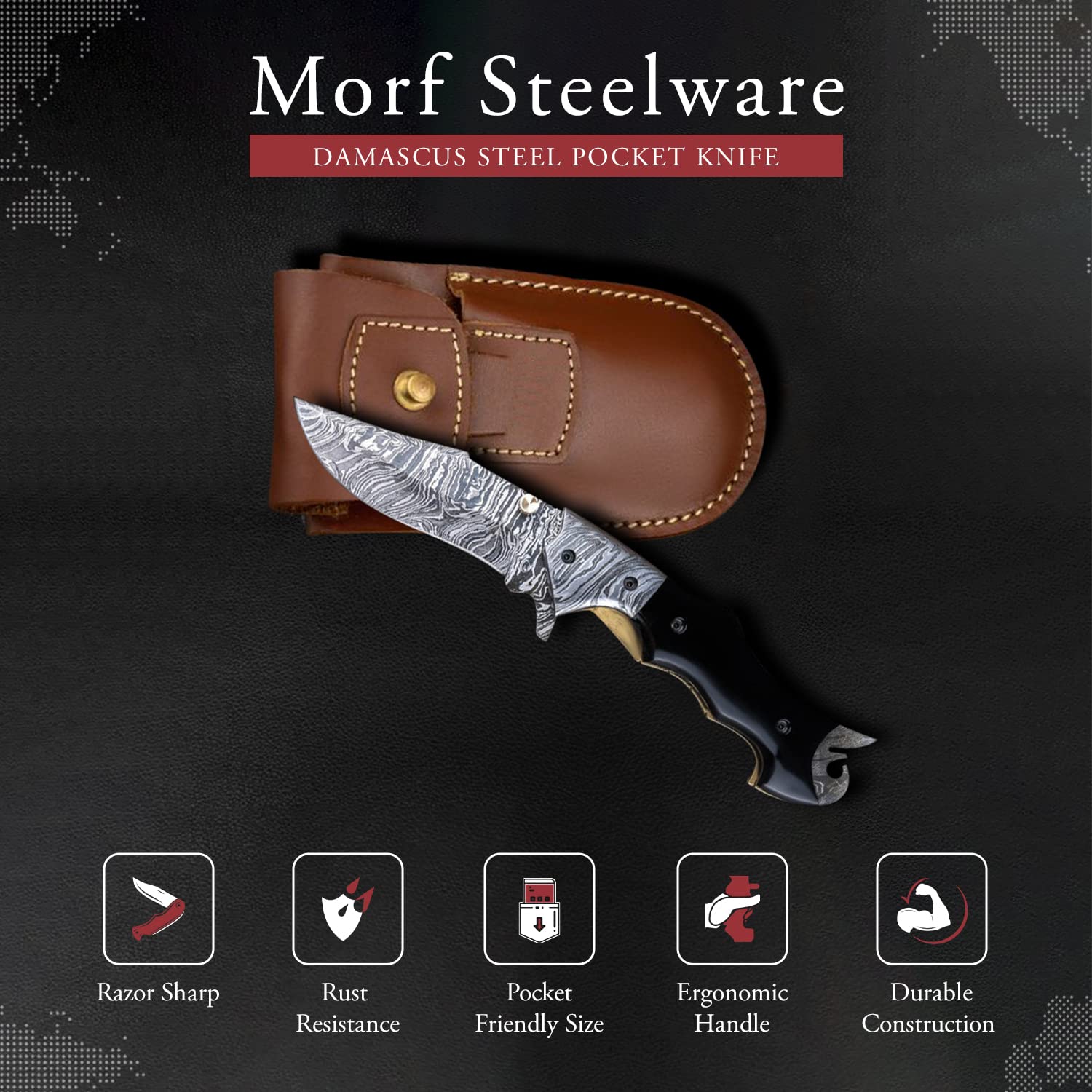 Morf Steelware Hand Forged Damascus Hunting Knife - Personalized Sheath, Folding Blade, Black Horn Handle - Premium Steelware for Men, Outdoor Enthusiasts, Leather Sheath