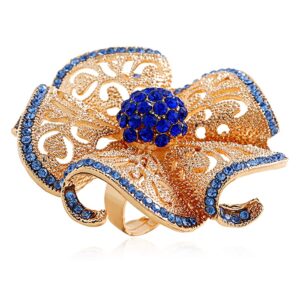 vintage cz camellia flower promise ring for women girls gold plated blue cubic zirconia cluster wave leaf statement band rings expandable adjustable comfort fit elegant wedding party jewelry gift