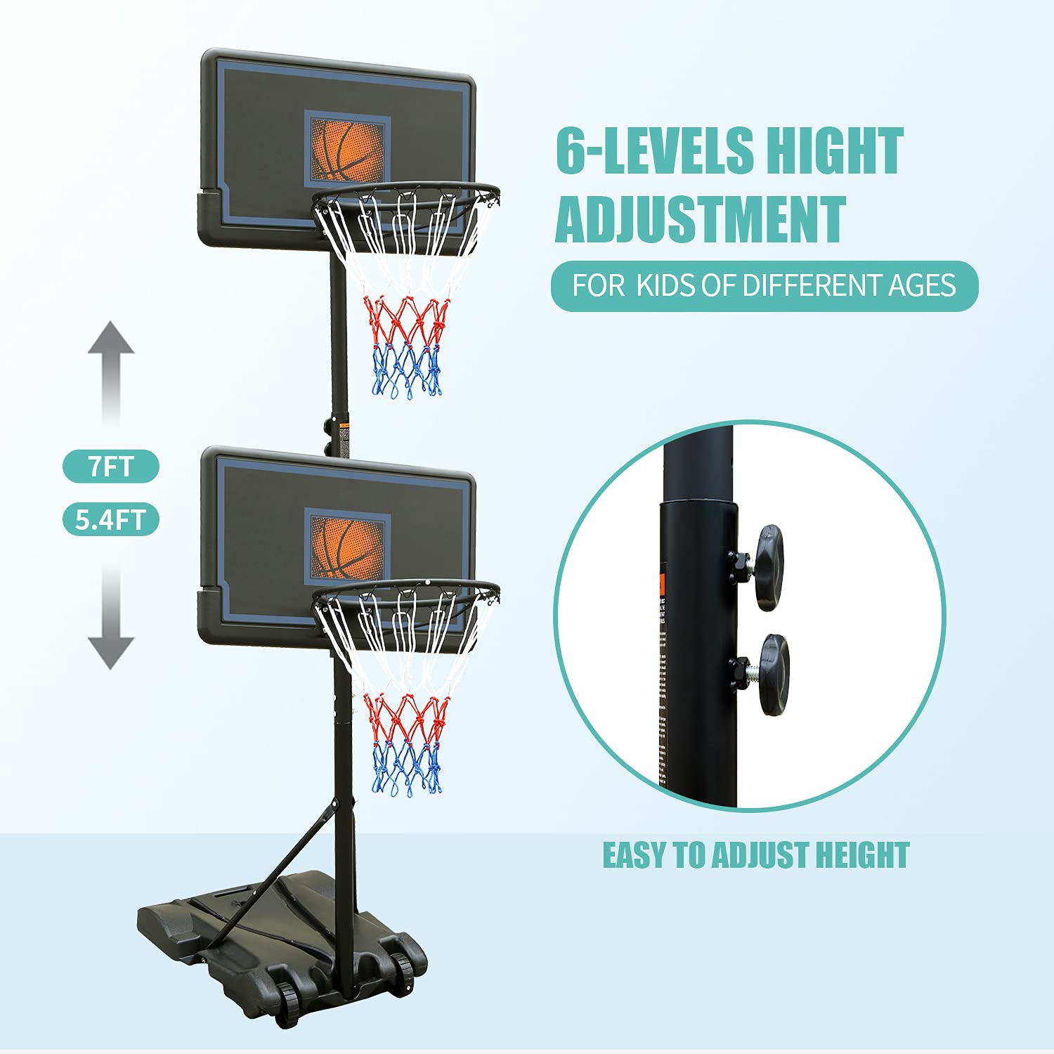 Kids Adjustable Basketball Hoop 5.7-7FT Portable Basketball Hoop for Kids Teenagers Youth and Adults,30 Inch Backboard Basketball Goal Stand Indoor Outdoor Sports Court Play