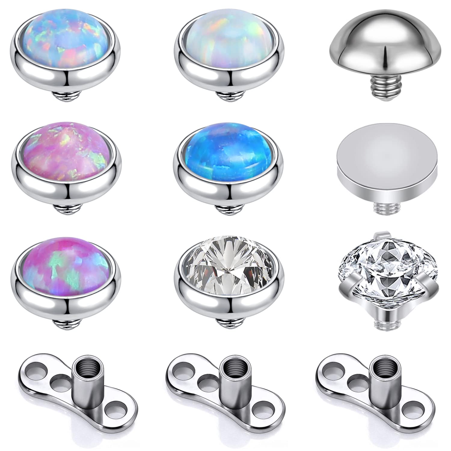 ZS 9PCS Opal 16G Dermal Anchor Tops 3mm 4mm, 14G Surgical Steel Internally Threaded Base Microdermal Piercing Jewelry for Women Men (B:4mm)