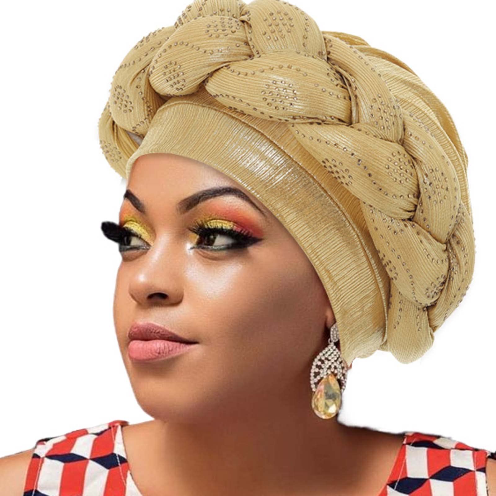 Woeoe Women African Turban Gold Braid Beanie Cap Headwear Pre-Tied Rhinestone Twisted Head Turbans