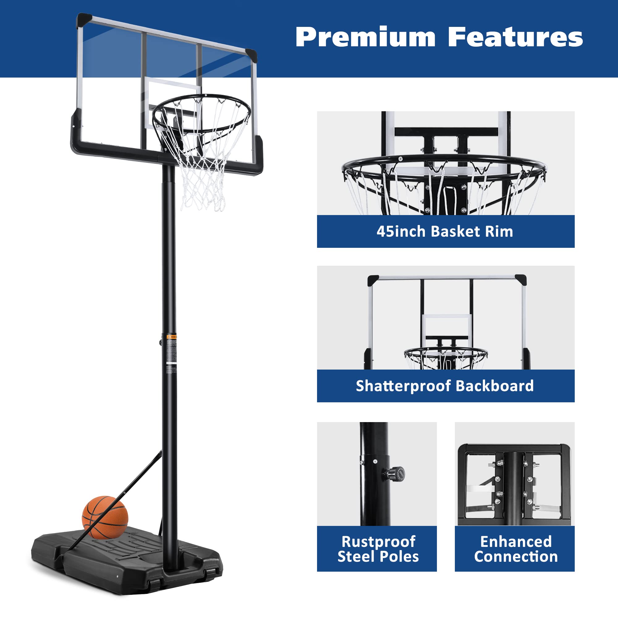 Basketball Hoop Outdoor 6.7 ft-10ft Height Adjustable Basketball Goal Portable Basketball Hoop with 44'' Basketball Backboard Wheels for Adults Youth Outdoor