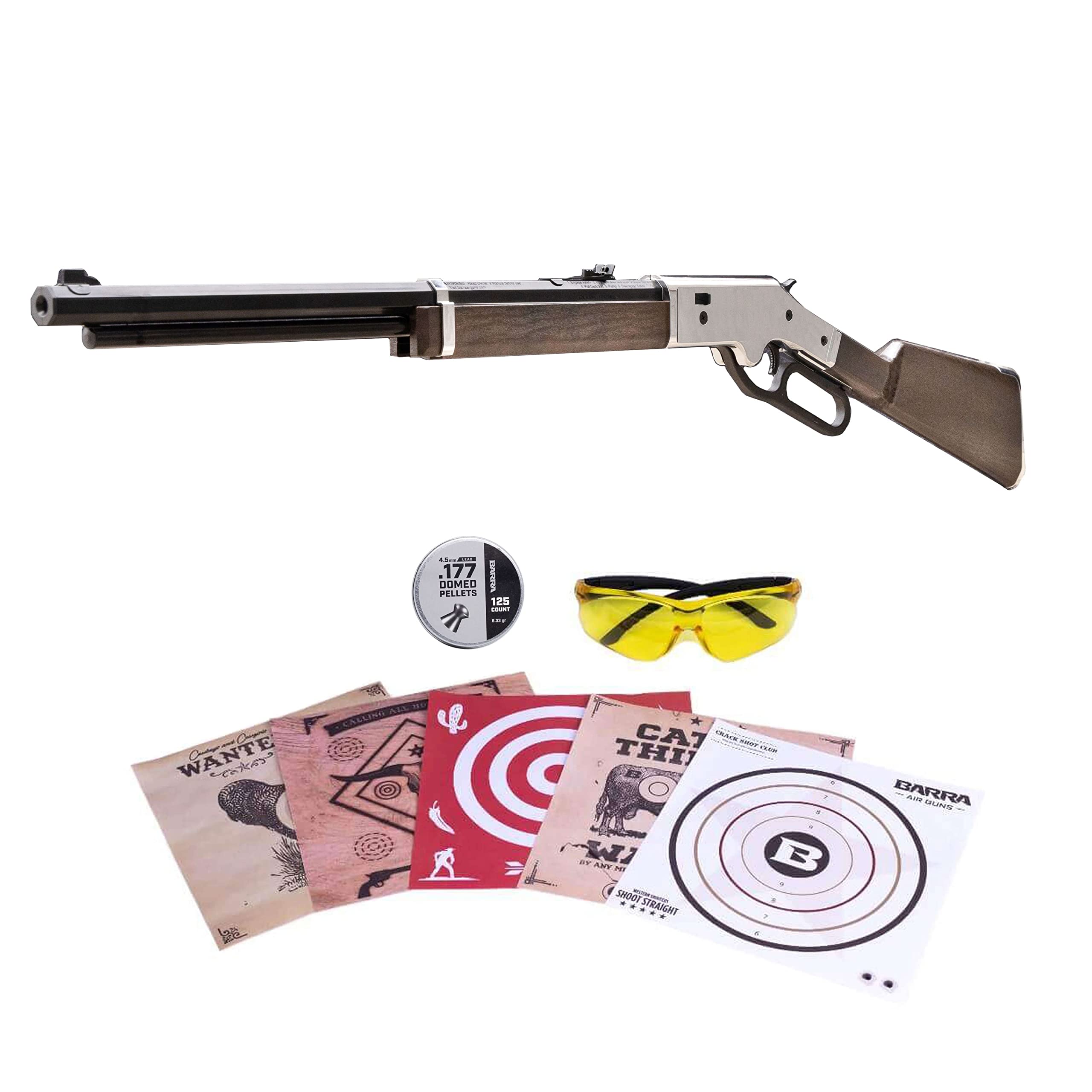 Barra Air Guns 1866 Cowboy Series Lever Action Air Rifle, Shoots .177 Caliber Pellets and BBS, 600-800 FPS, Pellet Guns for Adults and Kids (Silver Kit Pump Powered)