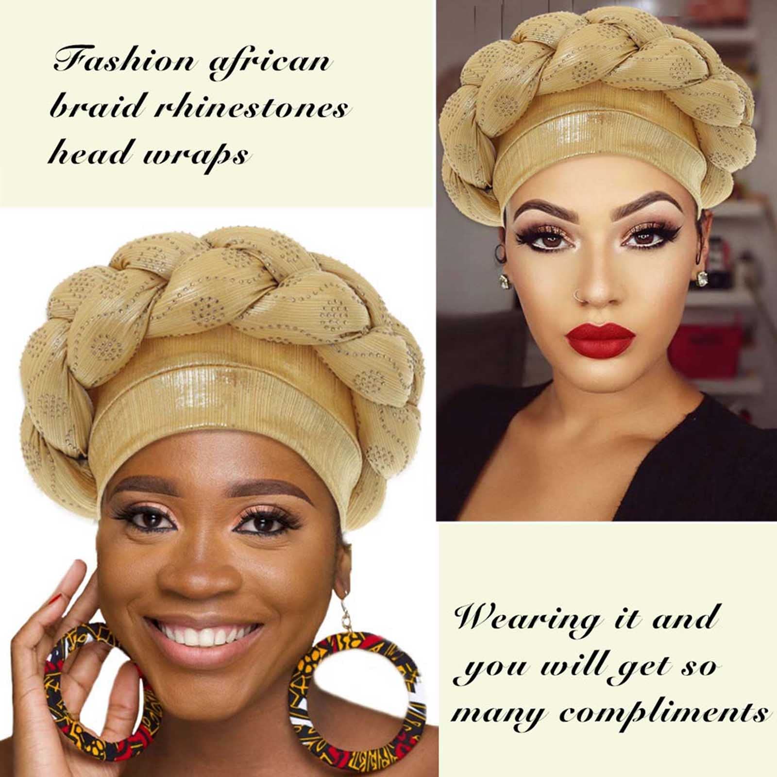 Woeoe Women African Turban Gold Braid Beanie Cap Headwear Pre-Tied Rhinestone Twisted Head Turbans