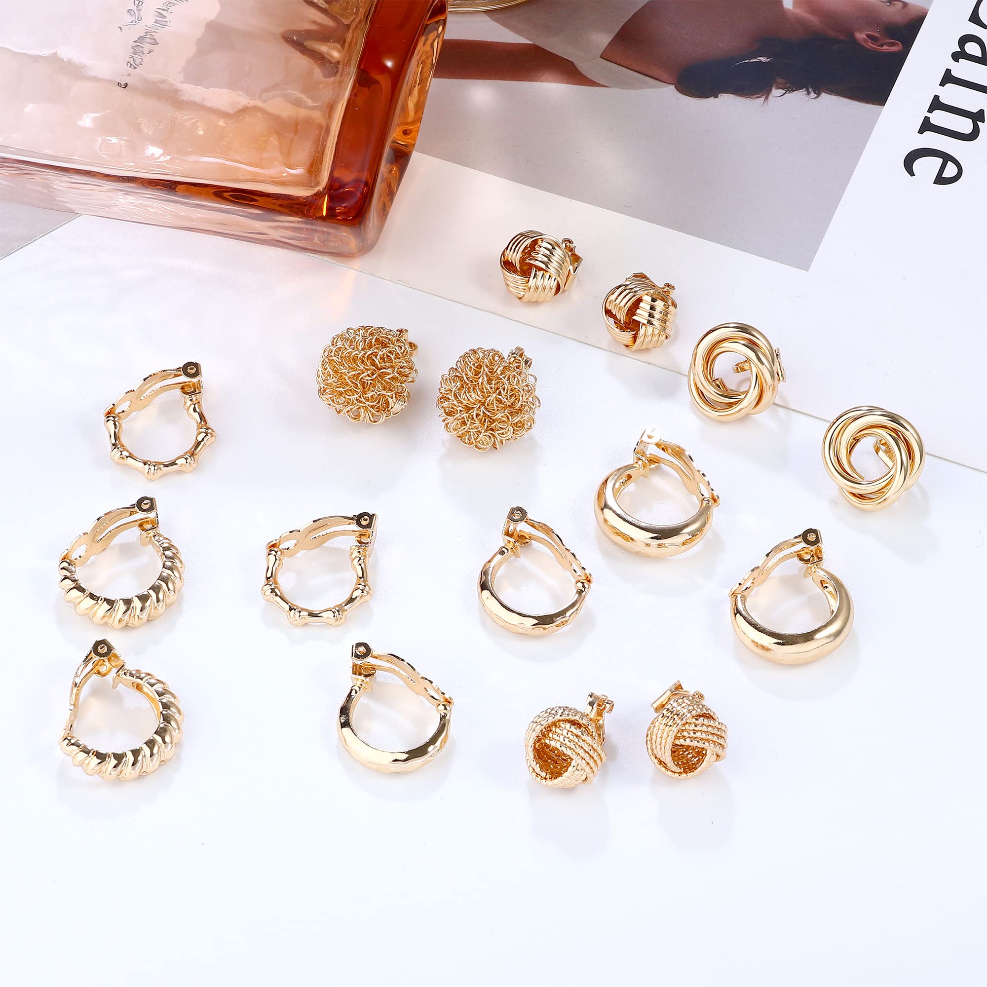 JeryWe 8 Pairs 14K Gold Clip On Earrings for Women Fashion Clip On Earrings Gold Silver Chunky Hoop Earrings No Piercing Fake Earrings Hypoallergenic