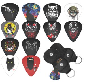 cool guitar picks 12 medium pack with leather picks holder,unique artistic personalized guitar pick punch for electric guitar bass acoustic guitar lovers gift (cat medium)