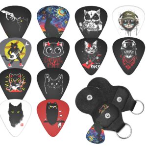 Cool Guitar Picks 12 Medium Pack with Leather Picks Holder,Unique Artistic Personalized Guitar Pick Punch for Electric Guitar Bass Acoustic Guitar Lovers Gift (Cat Medium)