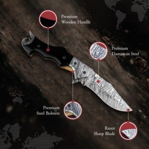 Morf Steelware Hand Forged Damascus Hunting Knife - Personalized Sheath, Folding Blade, Black Horn Handle - Premium Steelware for Men, Outdoor Enthusiasts, Leather Sheath