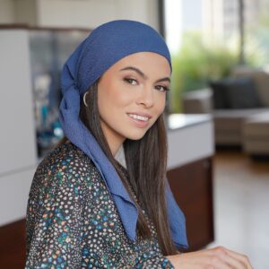 Madison Headwear Pretied Hair Scarves For Women Featuring A Unique Sparkly Foil Finish And Stretchy Ribbed Fabric (Crimped Solid DENIM)