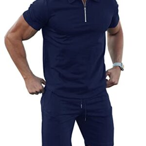 URRU Mens Classic 2 piece Polo Shirts Zipper Short Sleeve Solid Casual Slim Fit Basic Lapel Polos and Shorts Navy XXL